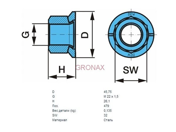 Гайка колесная M22x1,5 H=27 мм ключ-SW32 наружн., D=46 mm с упорной шайбой 61381Z Гайка колесная M22x1,5 H=27 мм ключ-SW32 наружн., D=46 mm с упорной шайбой 61381Z